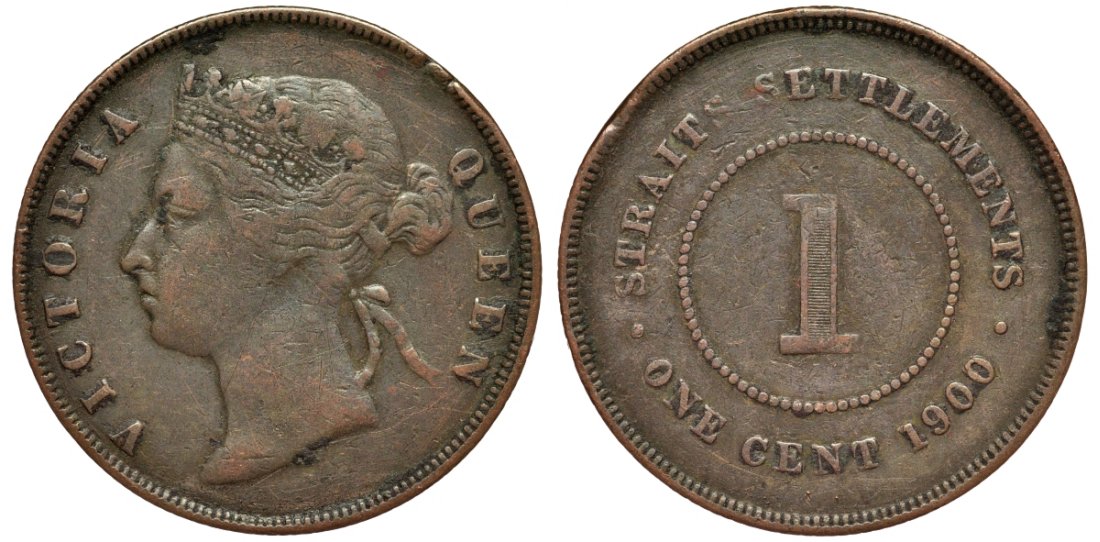 Стрейтс-Сетлментс 1 цент 1900 Виктория (1837-1901) KM 16 бронза 4565-543