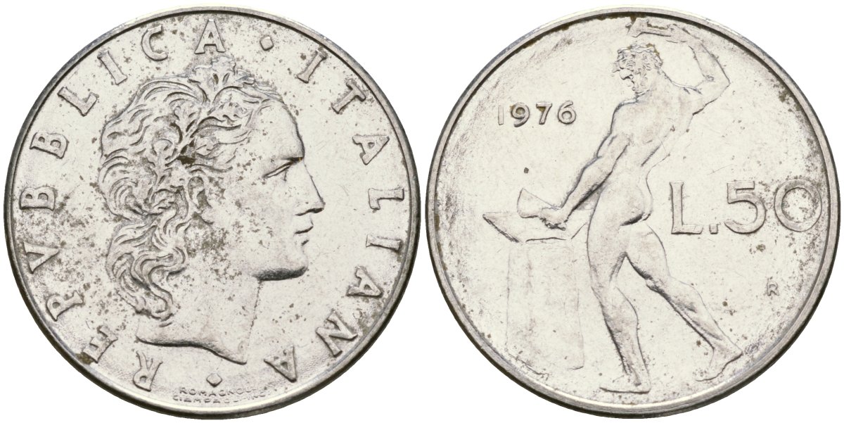 Италия 50 лир 1976 R, бог огня Вулкан у наковальни KM 95.1 нержавеющая сталь 4171-1026