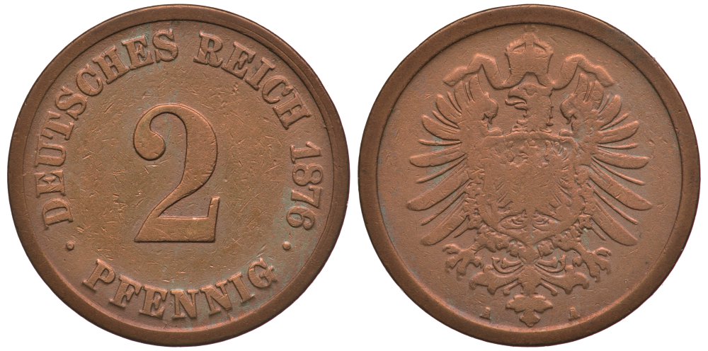 ГЕРМАНИЯ 2 ПФЕННИГА 1876 A, СТАРОГЕРБОВКА KM 2, J.2 медь 4127-1315