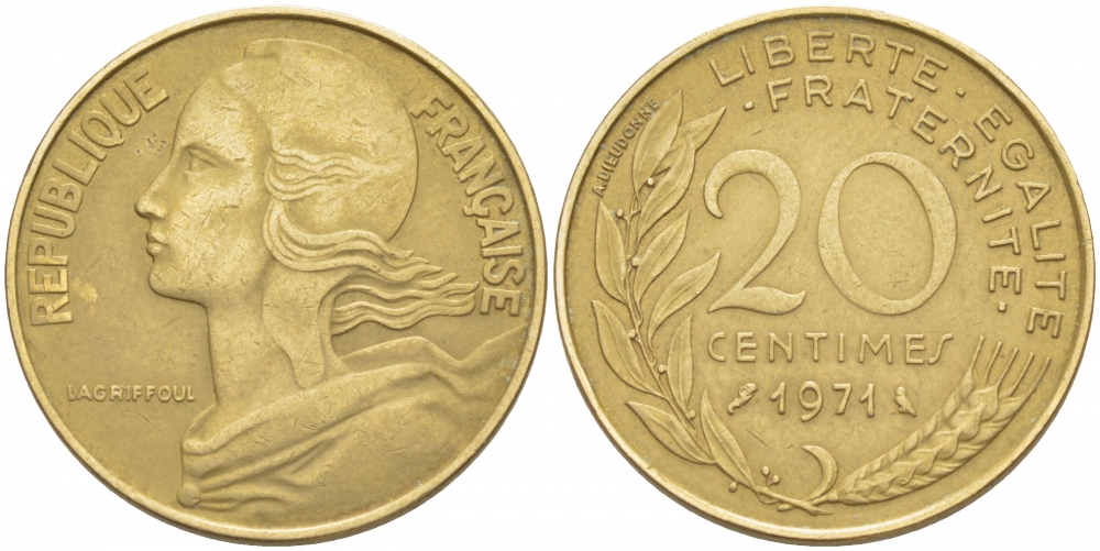 ФРАНЦИЯ 20 САНТИМОВ 1971 KM 930 медь алюминий никель 4402-953