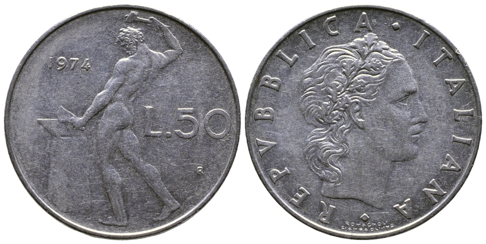 Италия 50 лир 1974 R, бог огня Вулкан у наковальни KM 95.1 нержавеющая сталь 85-113
