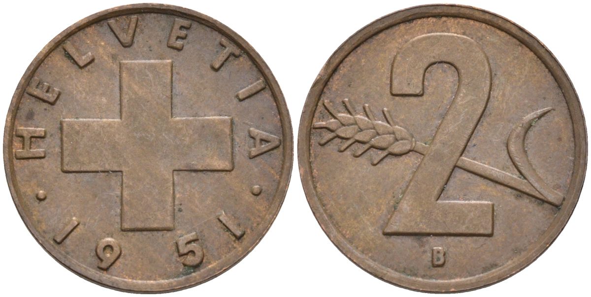 Швейцария 2 раппена 1951 В KM 47 бронза 4114-316