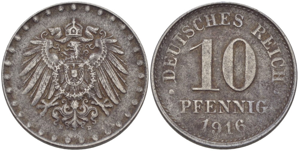 ГЕРМАНИЯ 10 ПФЕННИГОВ 1916 D, KM 20, J. 298 железо 28-435
