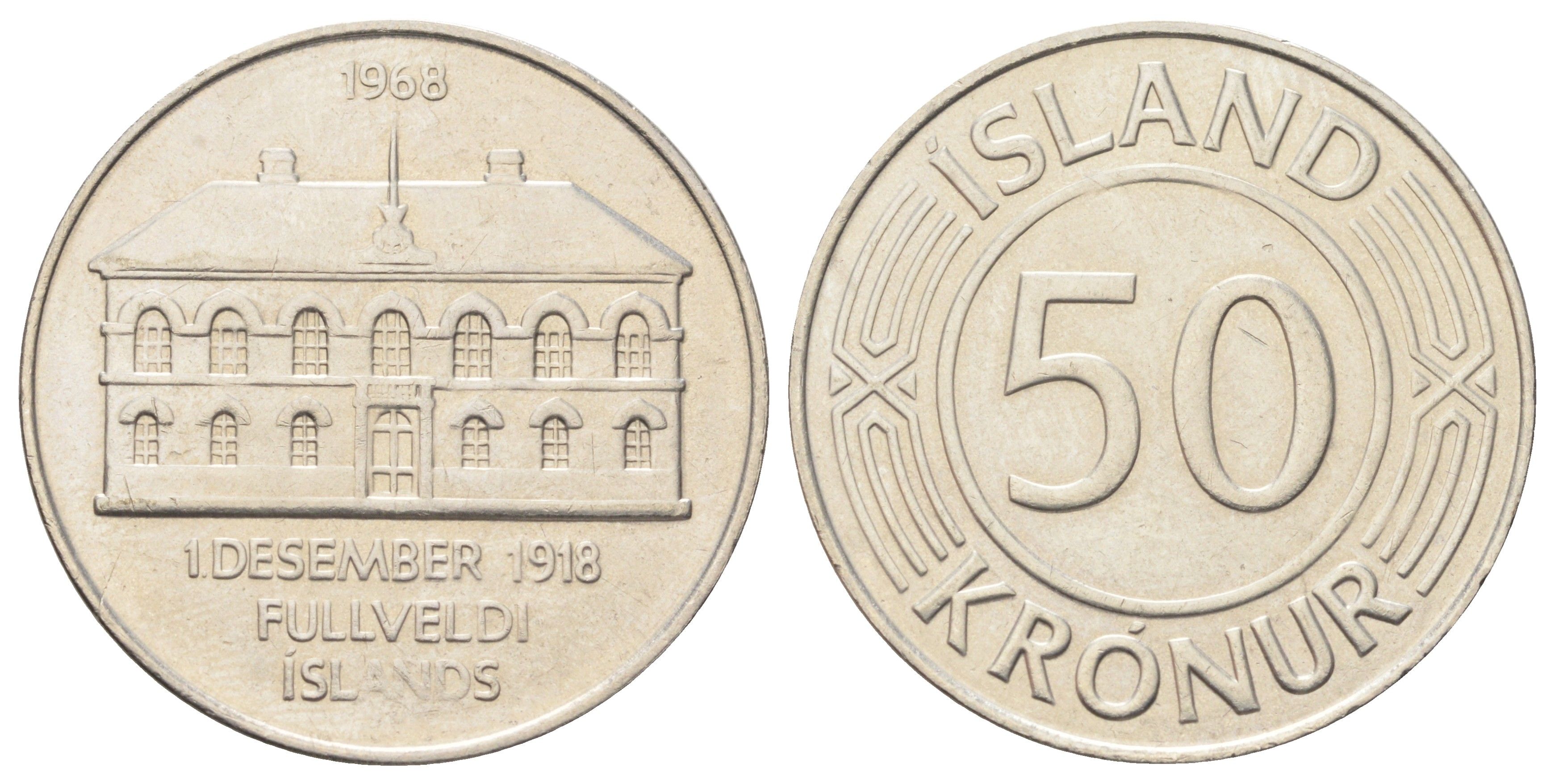 Исландия 50 крон 1968 50 лет независимости KM 16 никель UNC 4127-1531