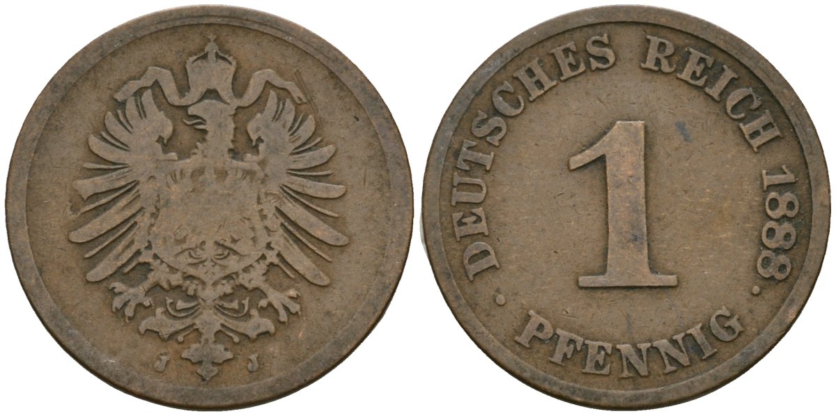 Германия 1 пфенниг 1888 J, Вильгельм I (1871-1888) KM 1, J. 1 медь 4547-653