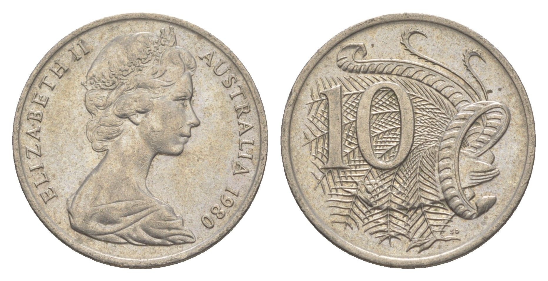 Австралия 10 центов 1980 Елизавета II (1952-2022), птица лирахвост KM 65 медно-никель aUNC 4364-1445