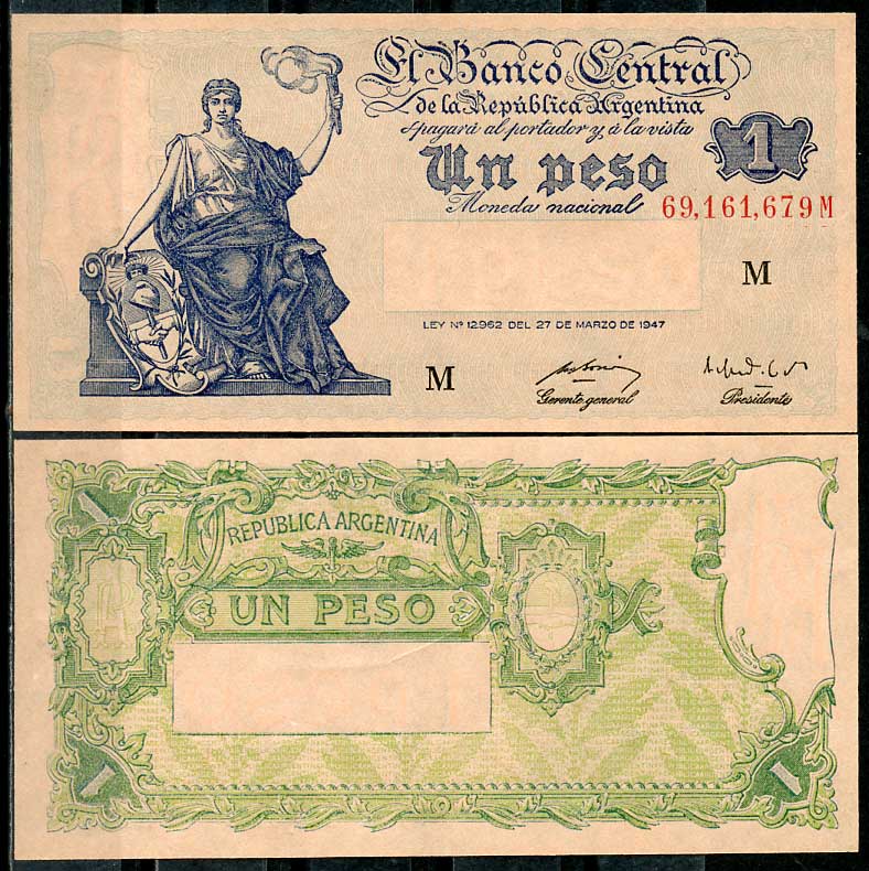 Аргентина 1 песо ND (1950) серия M 69161, розовая бумага Pick 257 (3)  бумага  UNC (пресс) 447-26-1-3