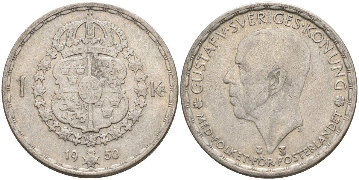 Швеция 1 крона 1950 TS, Густав VI Адольф (1950-1973) KM 814 серебро 4148-1131