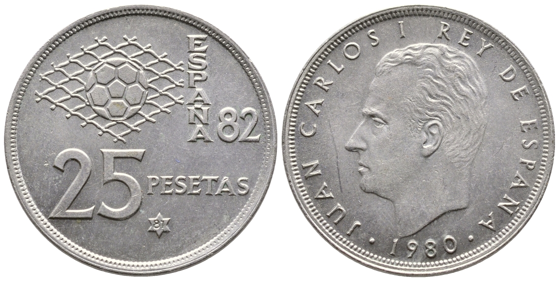 Испания 25 песет 1981 (80), чемпионат мира по футболу Испания 82 KM 818 медно-никель 4364-4223