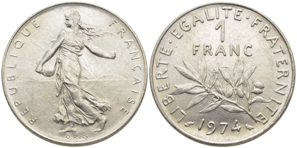 ФРАНЦИЯ 1 ФРАНК 1974 СЕЯТЕЛЬ KM 925.1, LE FRANC 226.19 никель 175-531