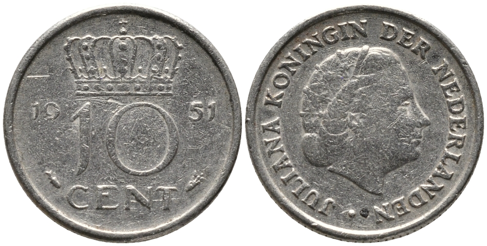 Нидерланды 10 центов 1951 Юлиана (1949-1980) KM 182 никель 4609-744