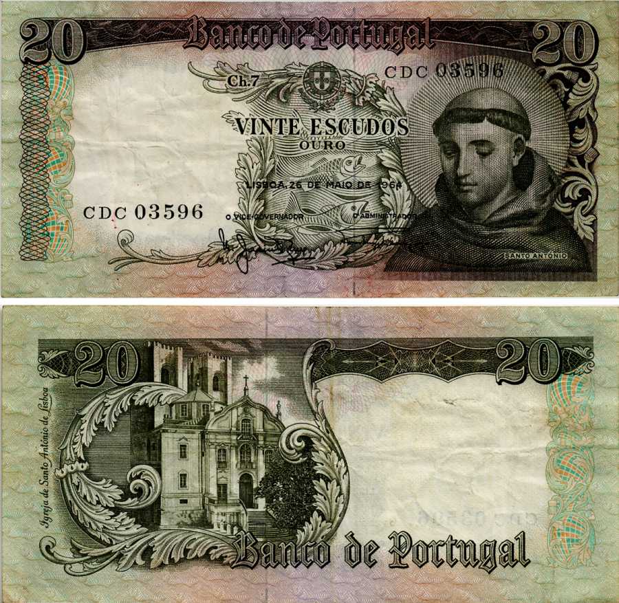 Португалия 20 эскудо 1964 Антоний Падуанский Pick 167 b бумага 6281-26-2-1