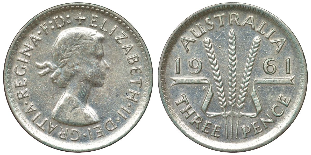 Австралия 3 пенса 1961 m, Елизавета II (1952-2022) KM 57 серебро 71-732