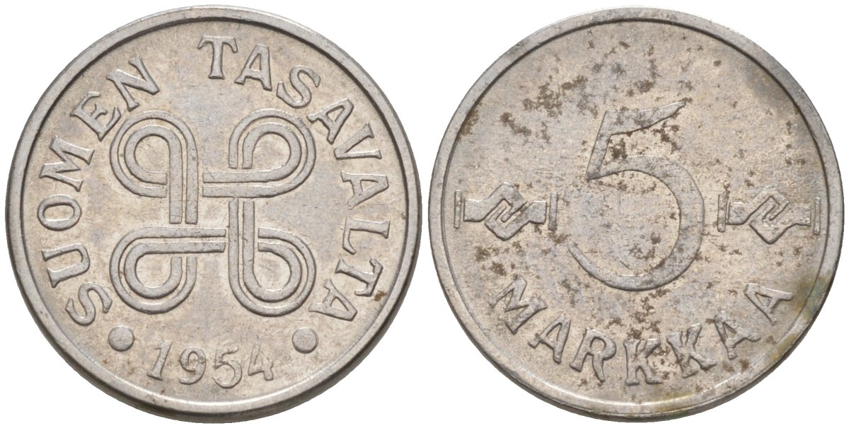 Финляндия 5 марок 1954 KM 37а никелированное железо 187-445
