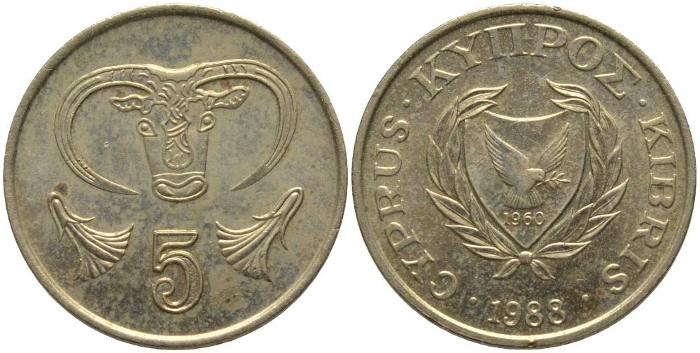 КИПР 5 ЦЕНТОВ 1988 ГОЛОВА БЫКА KM 55.2 никель латунь 181-514