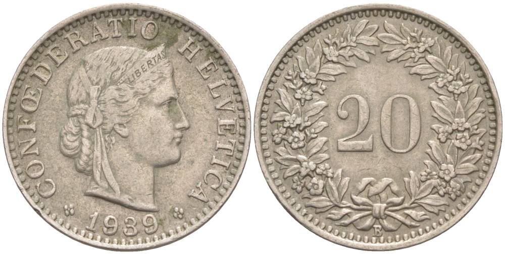 ШВЕЙЦАРИЯ 20 РАППЕНОВ 1939 В KM 29a медно-никель 55-653