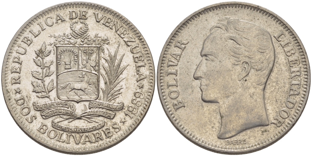 ВЕНЕСУЭЛА 2 БОЛИВАРА 1989 СИМОН БОЛИВАР KM 43а.1 никель 82-1026