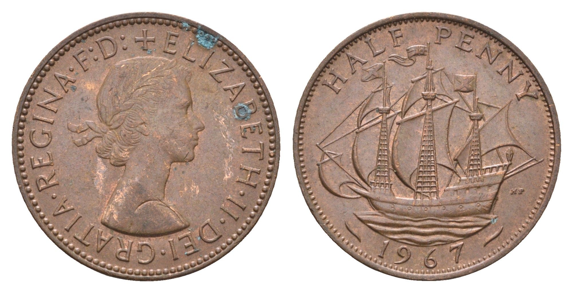 Великобритания 1/2 пенни 1967 Елизавета II (1952-2022) KM 896, Spink 4158 бронза 4663-131