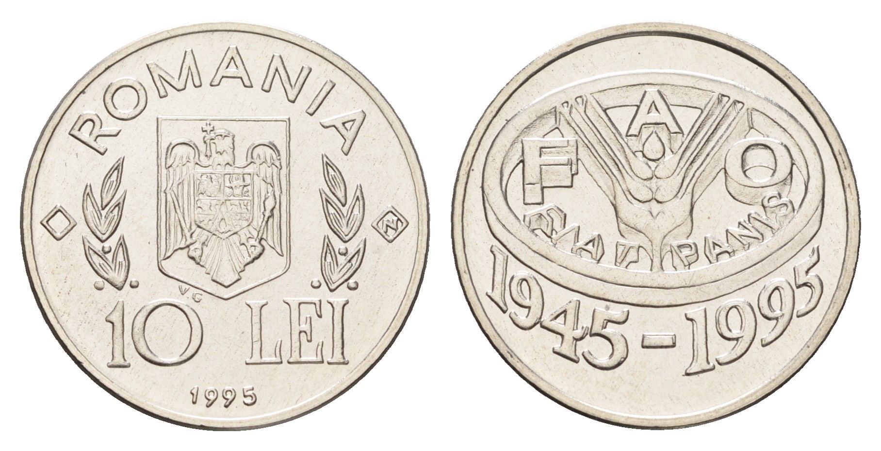 Румыния 10 леев 1995 N, 50 лет продовольственной программе - ФАО KM 117 сталь плакировнная никелем BU 11-264-17