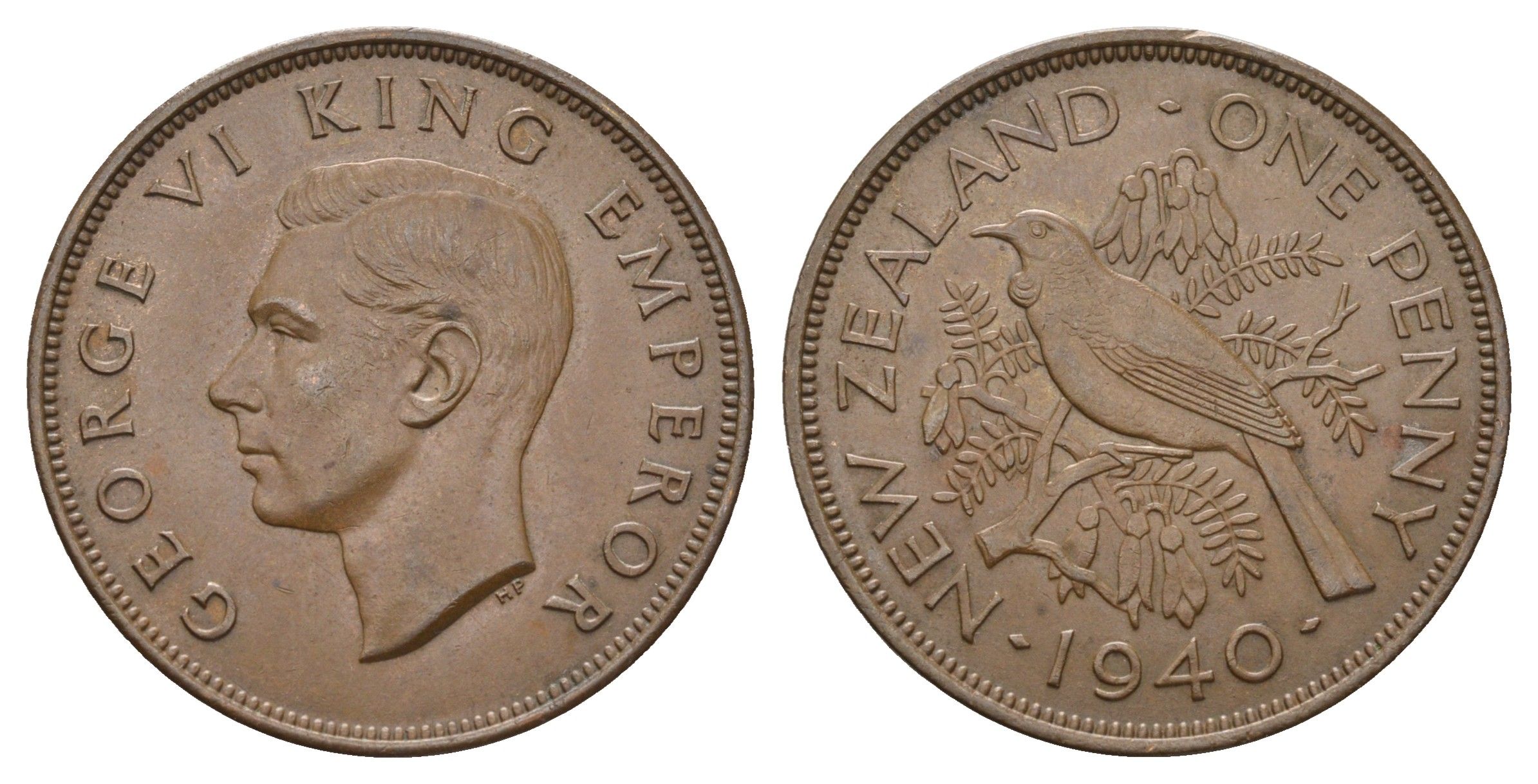 Новая Зеландия 1 пенни 1940 Георг VI (1936-1952), новозеландский туи KM 13 бронза 51-4515
