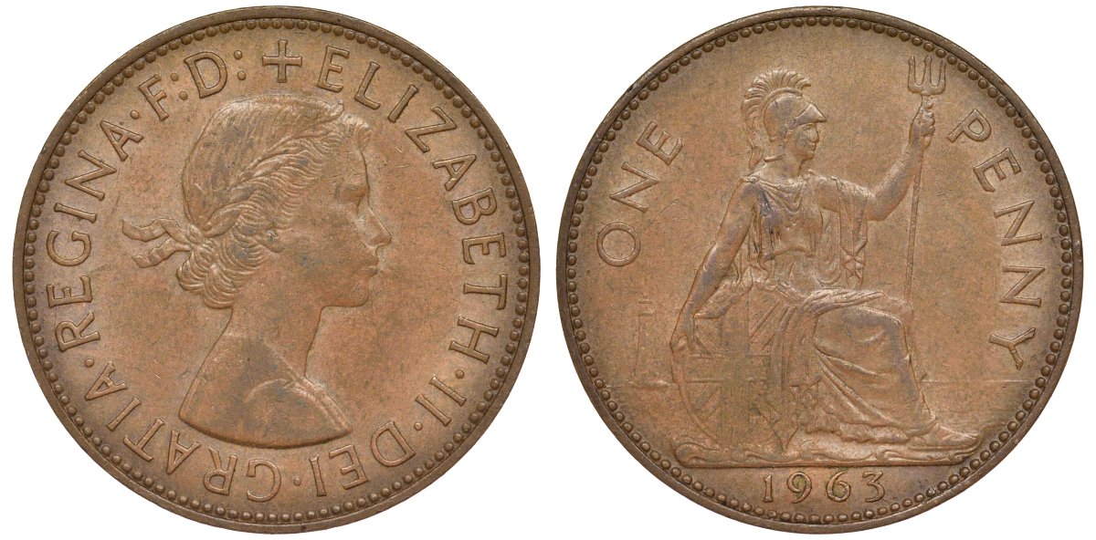 Великобритания 1 пенни 1963 Елизавета II (1952-2022) KM 897, Spink 4157 бронза 4123-946