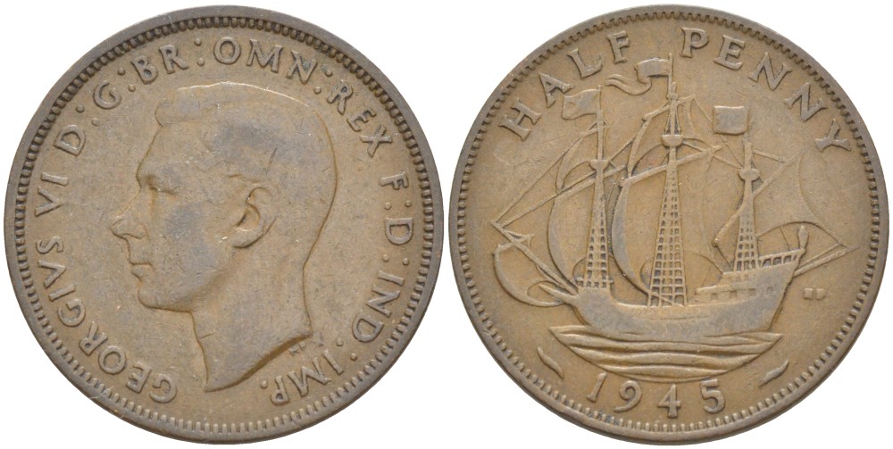 Великобритания 1/2 пенни 1945 Георг VI (1936-1952) KM 844, Spink 4115 бронза 60-742