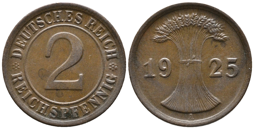 ГЕРМАНИЯ 2 РЕЙХСПФЕННИГА 1925 A KM 38, J. 314 бронза 24-737