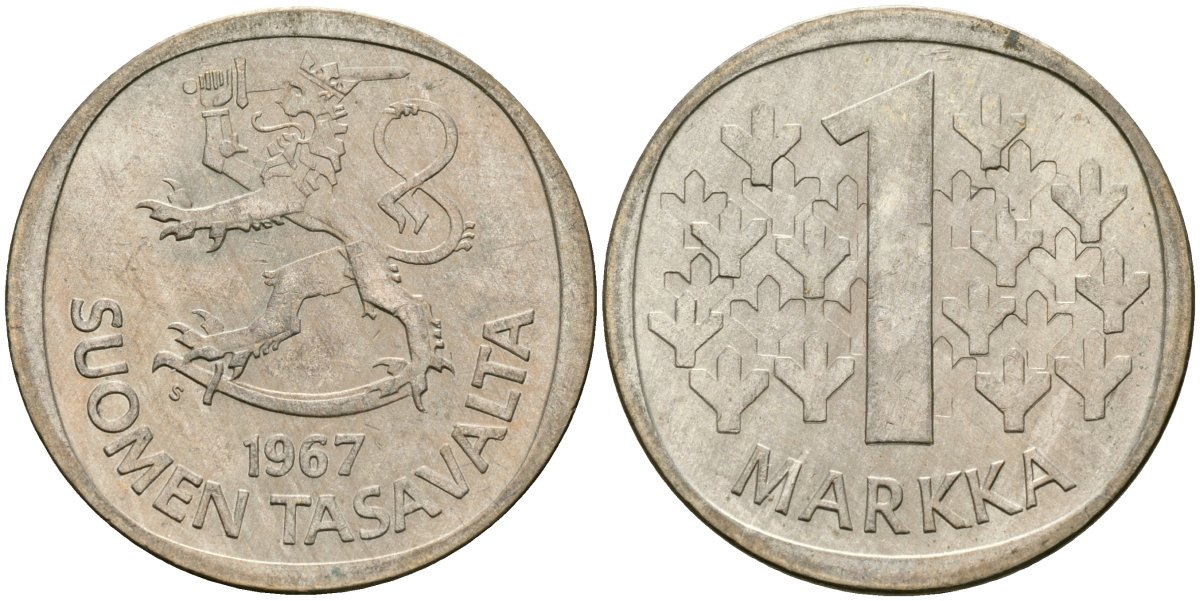 Финляндия 1 марка 1967 S KM 49 серебро 4582-1246