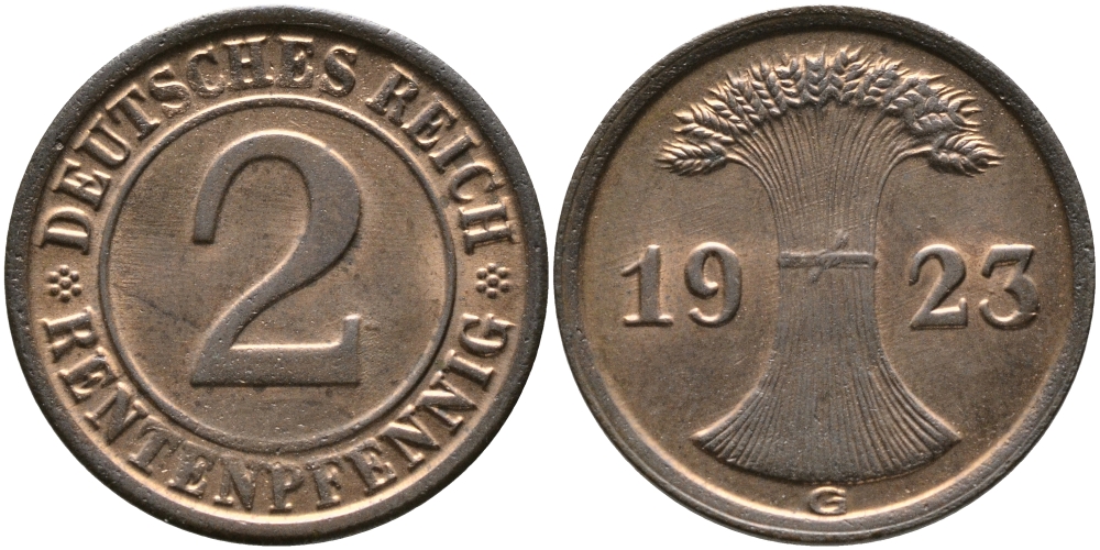 ГЕРМАНИЯ 2 РЕНТПФЕННИГА 1923 G J 307, KM 31 бронза UNC 413-3714