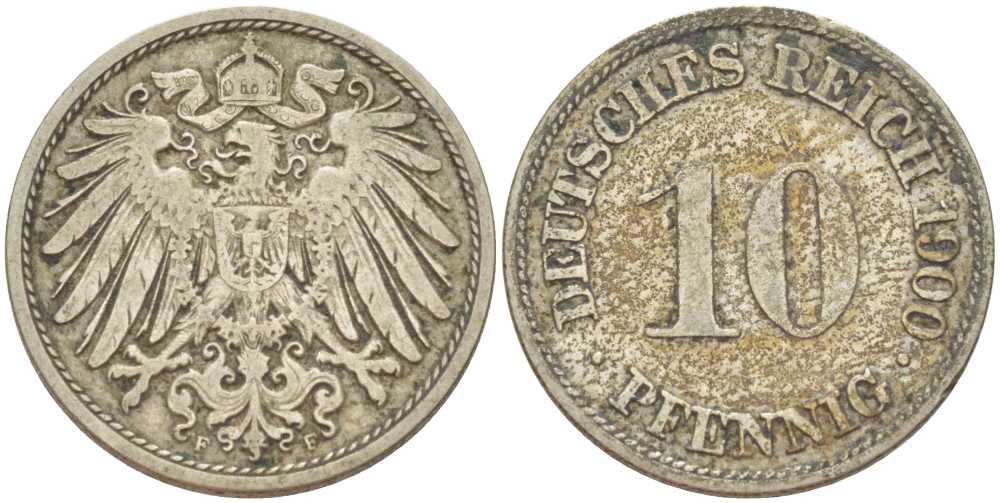 Германия 10 пфеннигов 1900 F KM 12, J. 13, Weege 8 медно-никель 259-811