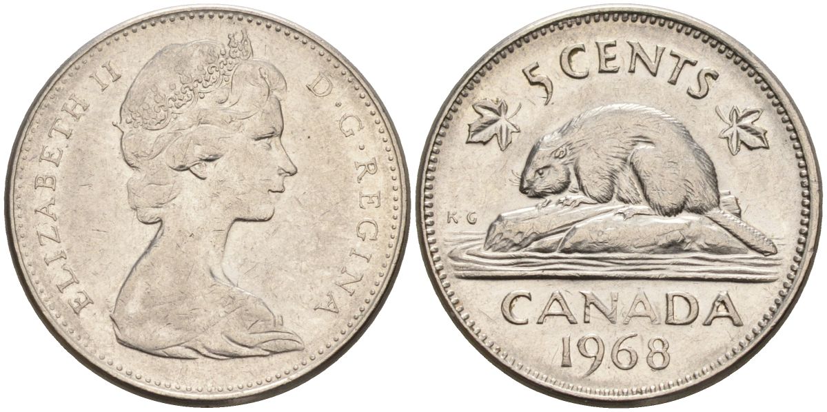 Канада 5 центов 1968 бобр, Елизавета II (1952-) KM 60.1 никель 4126-514