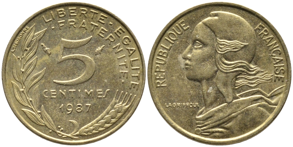ФРАНЦИЯ 5 САНТИМОВ 1987 ТИП MARIANNE KM 933 медь алюминий никель 99-1123