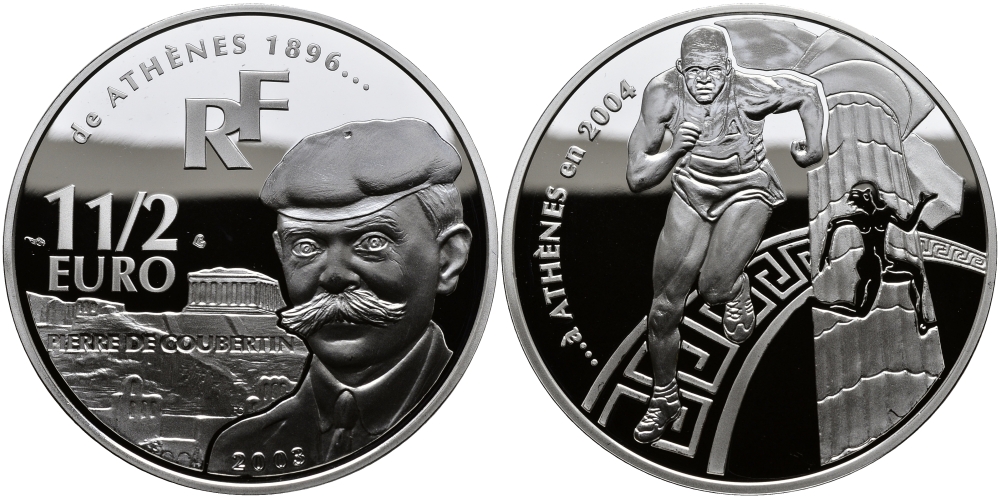 Франция 1 1/2 евро 2003 Пьер де Кубертен, Олимпийские игры 2004 года в Афинах, бег KM 1361 серебро PROOF 1095-3-31