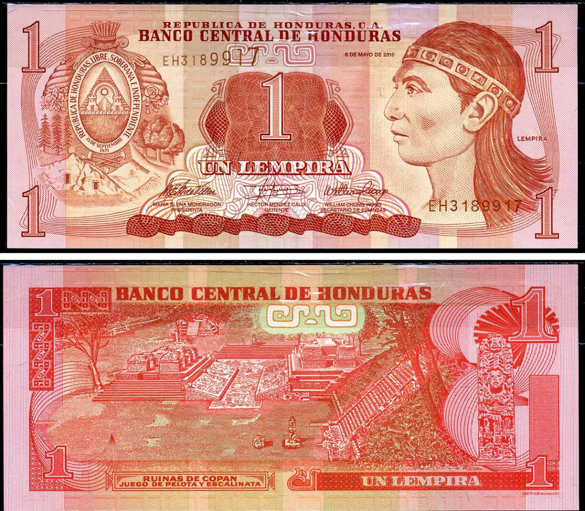 Гондурас 1 лемпира 2010 Индейский вождь Лемпира, руины древних Майя Pick 89b бумага UNC (пресс) 6283-1-1-2