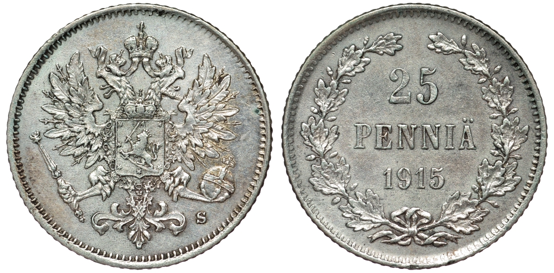 Россия для Финляндии 25 пенни 1915 S, Николай II (1894-1917) KM 6.2, Биткин 420 серебро 75-1153