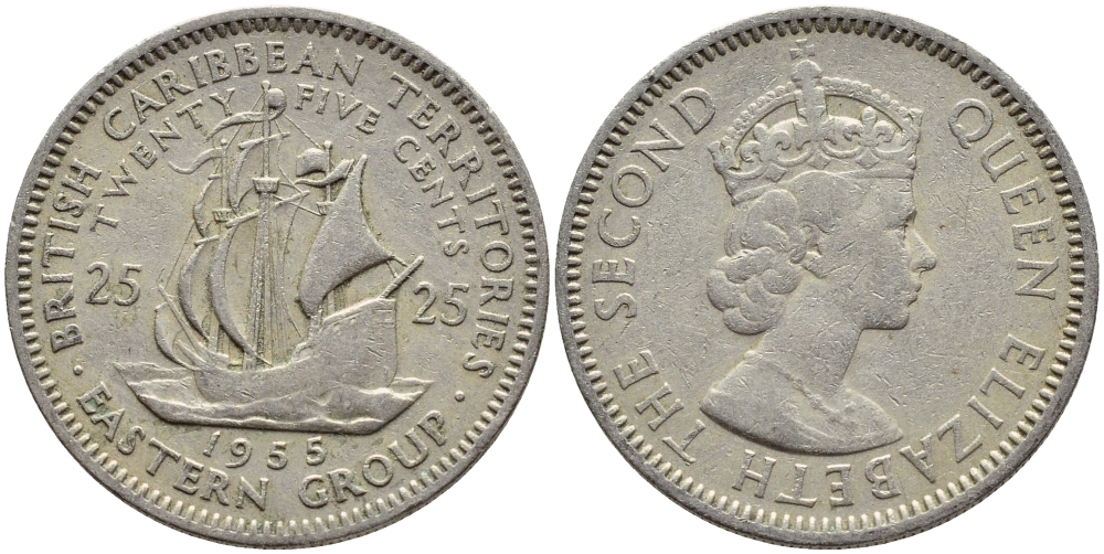 Британские Восточно-Карибские территории 25 центов 1955 Елизавета II (1952-2022), парусник KM 6 медно-никель 76-745