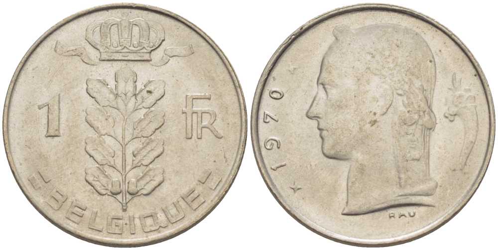 БЕЛЬГИЯ 1 ФРАНК 1970 BELGIQUE, БОДУЭН I (1951-1993) KM 142.1 медно-никель 210-942