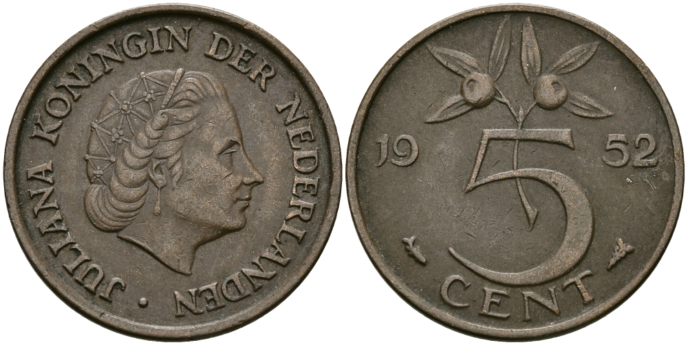 НИДЕРЛАНДЫ 5 ЦЕНТОВ 1952 ЮЛИАНА KM 181 бронза 95-252
