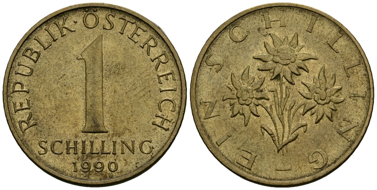 Австрия 1 шиллинг 1990 KM 2886 алюминиевая бронза 4135-223