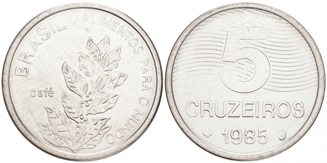 БРАЗИЛИЯ 5 КРУЗЕЙРО 1985 FAO, ПЛАНТАЦИЯ КОФЕ KM 599 нержавеющая сталь UNC M24-17