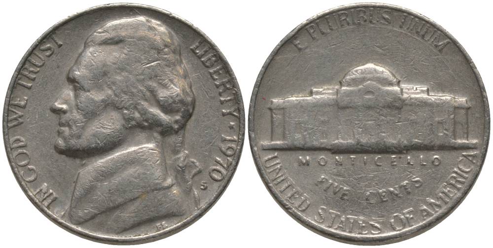 США 5 ЦЕНТОВ 1970 S, ДЖЕФФЕРСОН KM А192 медно-никель 181-114