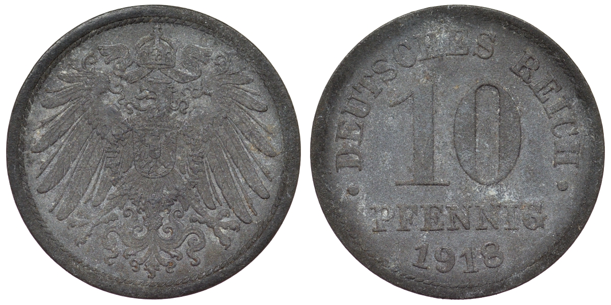 Германия 10 пфеннигов 1918 KM 26, J. 299, Weege 8 цинк 4119-336