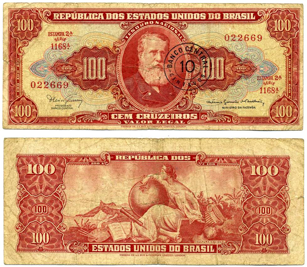 БРАЗИЛИЯ 10 СЕНТАВО 1967 СЕРИЯ 1168А, ESTAMPA 2A, НАДПЕЧАТКА НА 100 КРУЗЕЙРО Pick 185b бумага 7221-80-2