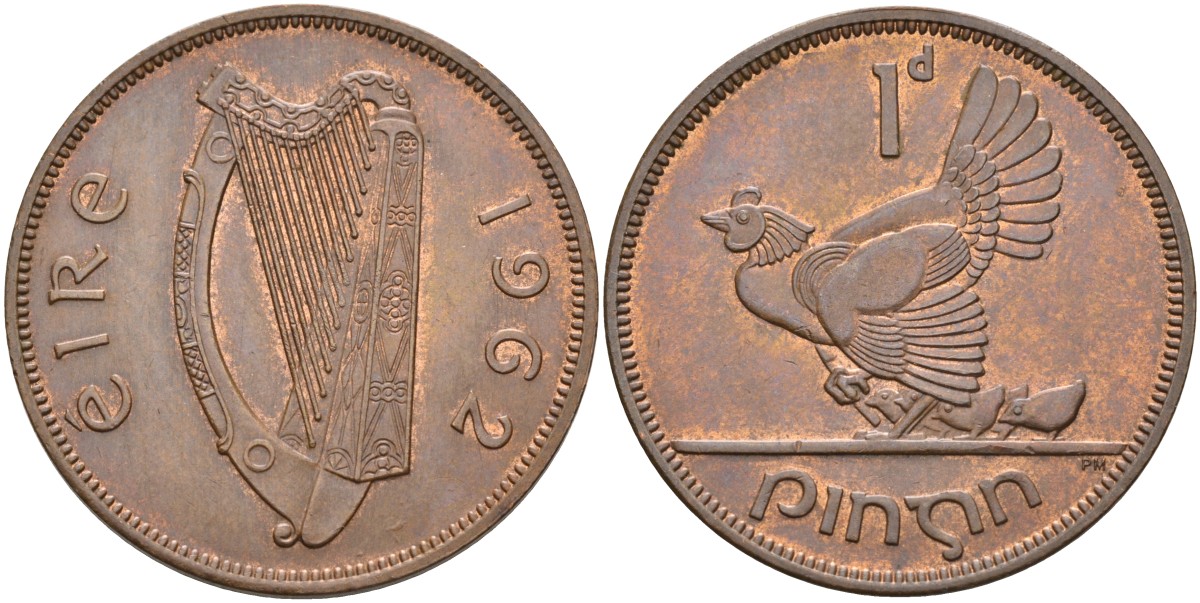 Ирландия 1 пенни 1962 курица с цыплятами KM 11 бронза aUNC 4583-424