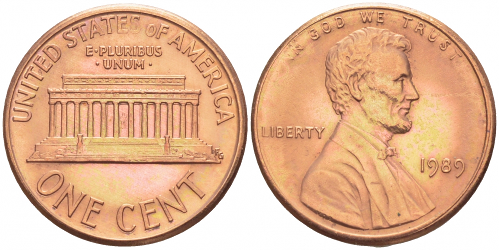 США 1 цент 1989 Линкольн KM 201b цинк плакированный медью UNC 112-556