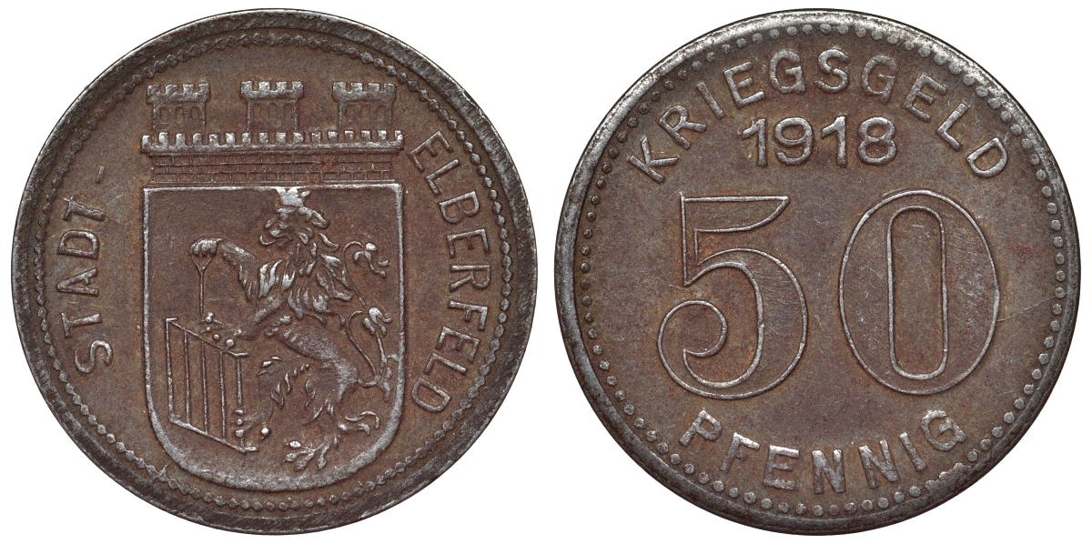Германия, округ Эльберфельд 50 пфеннигов 1917 Вупперталь, Северный Рейн-Вестфалия, нотгельд железо 4119-1254