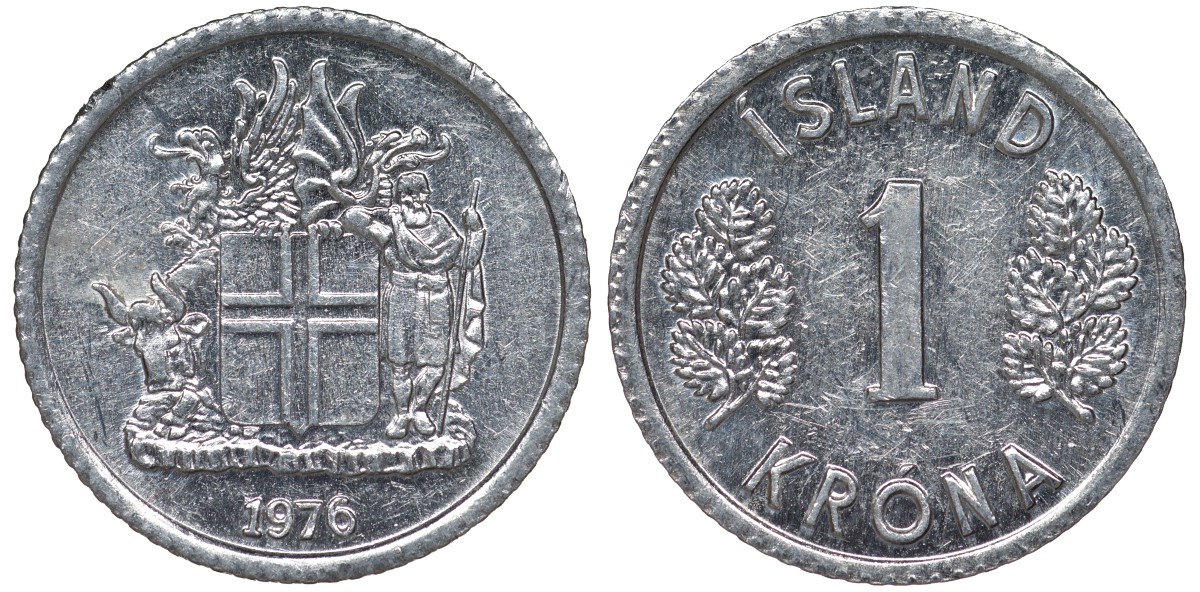 Исландия 1 крона 1976 KM 23 алюминий 4124-458