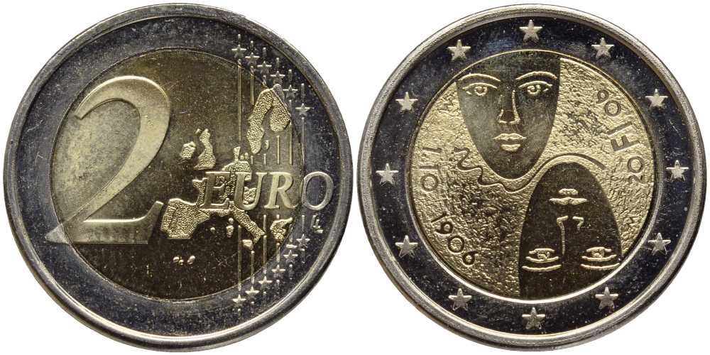 Финляндия 2 евро 2006 100 лет парламентаризма, маски KM 125 биметалл UNC 38-834