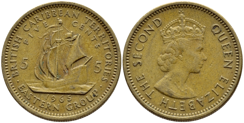 Британские Восточно-Карибские территории 5 центов 1965 Елизавета II (1952-2022), парусник KM 4 никель латунь 4393-234