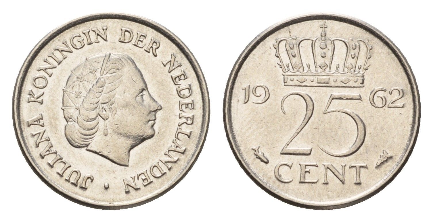 Нидерланды 25 центов 1962 Юлиана (1948-1980) KM 183 никель 4658-824